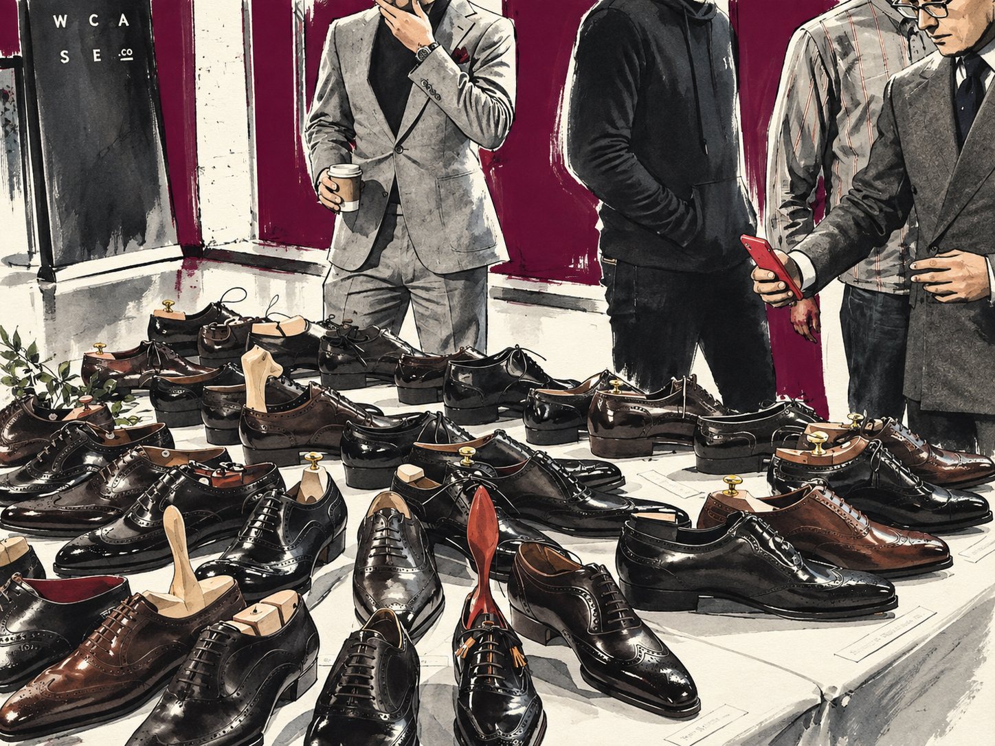 Amateurs devant une table de souliers d’exception, illustration