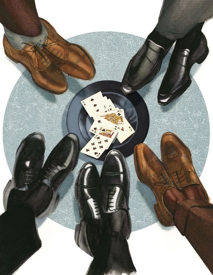 Souliers d’hommes réunis autour d’une partie de cartes, illustration
